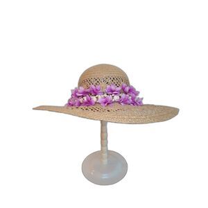 Vintage Raffia Straw Sun Hat Open Cane Weave Round Crown Wide Brim Shell Band